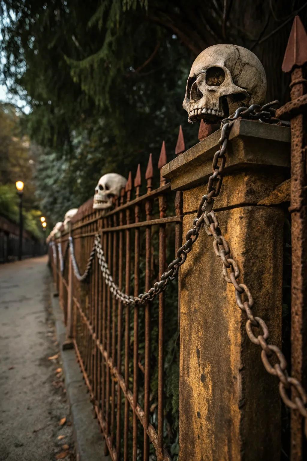 Chains and skulls lend a spine-chilling vibe to your Halloween fence.