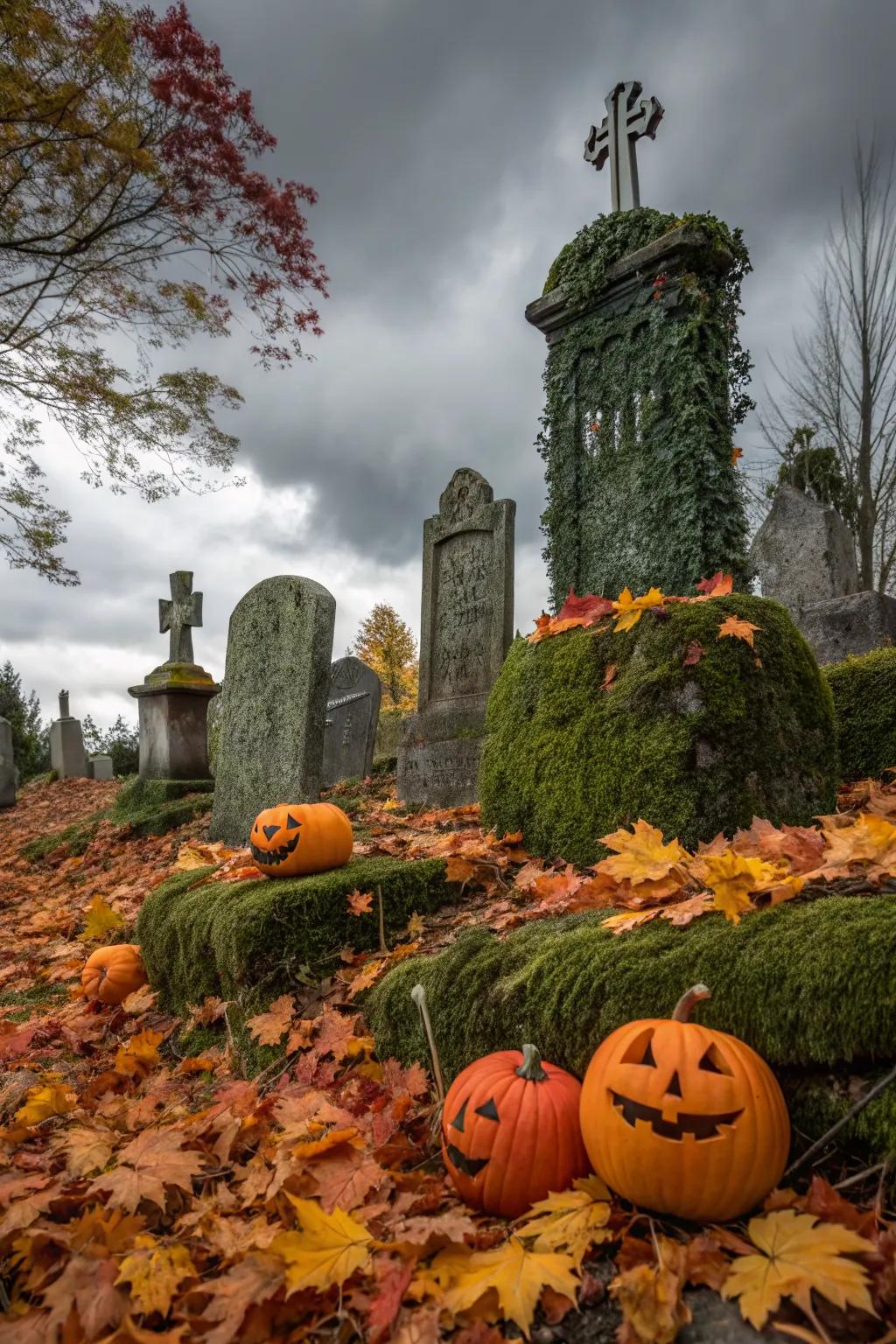 Themed gravestone arrangements tell a spooky story.
