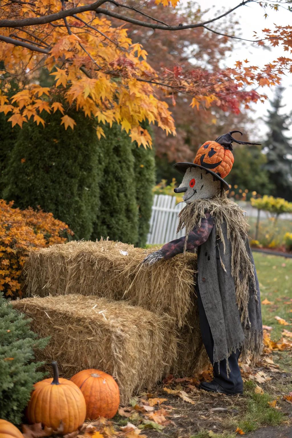 A scarecrow companion adds a nostalgic touch to your Halloween decor.