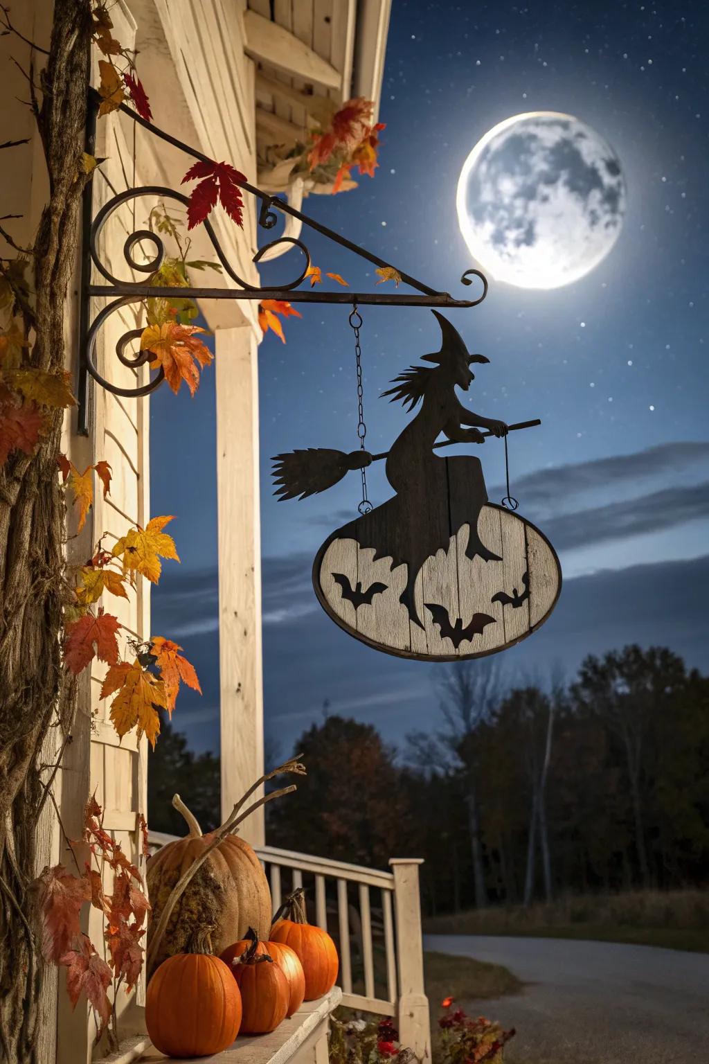 A classic witch silhouette sign perfect for Halloween nostalgia.