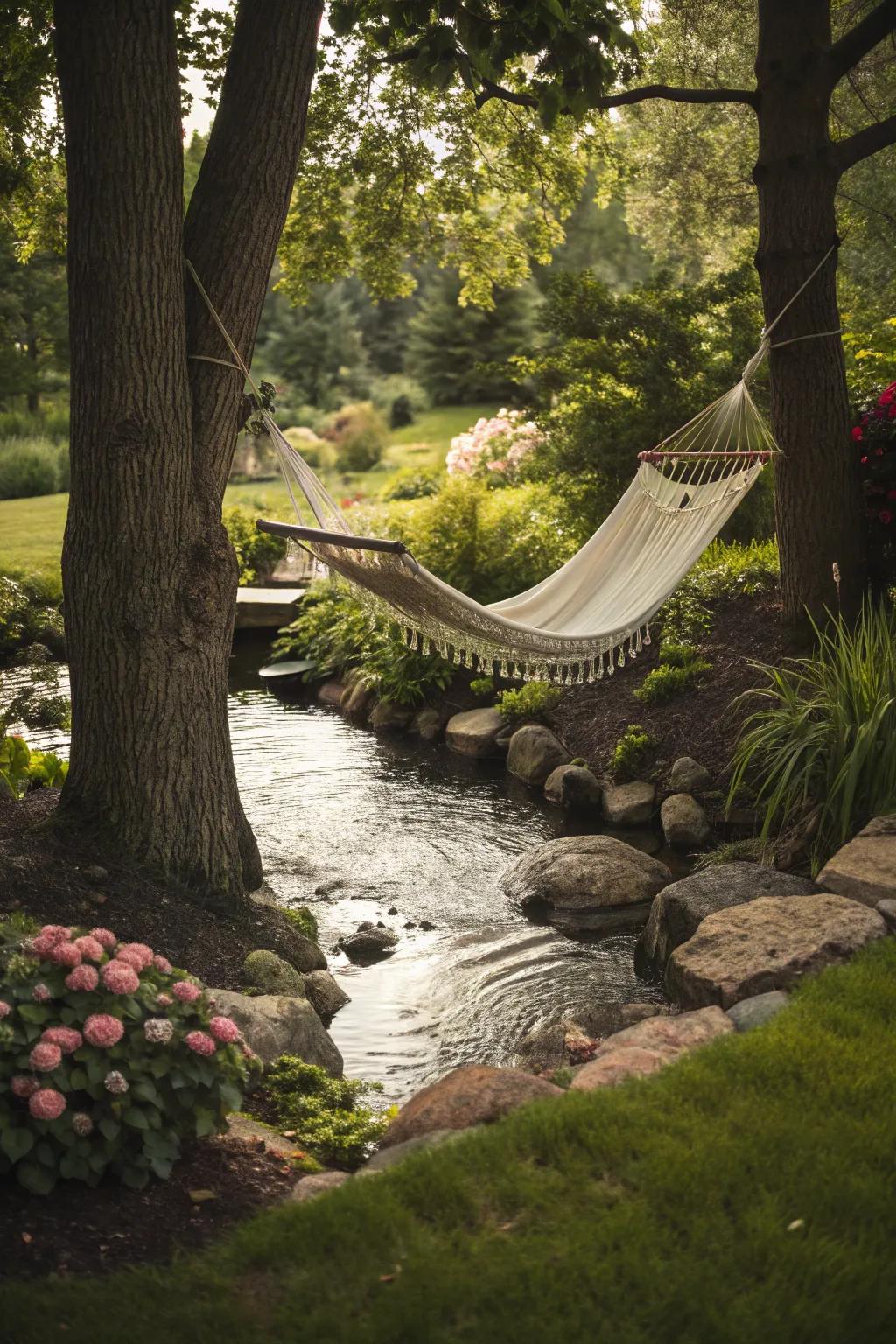 A water feature adds a peaceful soundtrack to your hammock experience.