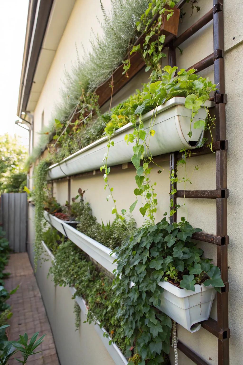 Repurposed gutters host a vibrant display of trailing plants.