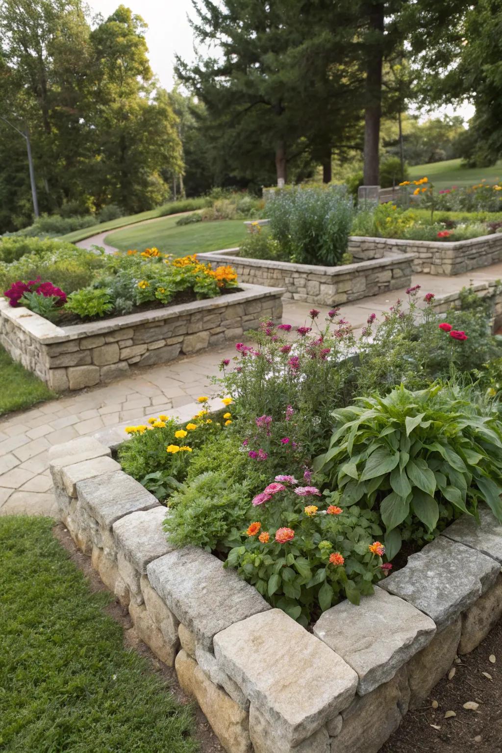 Stone borders give garden beds a neat and defined appearance.