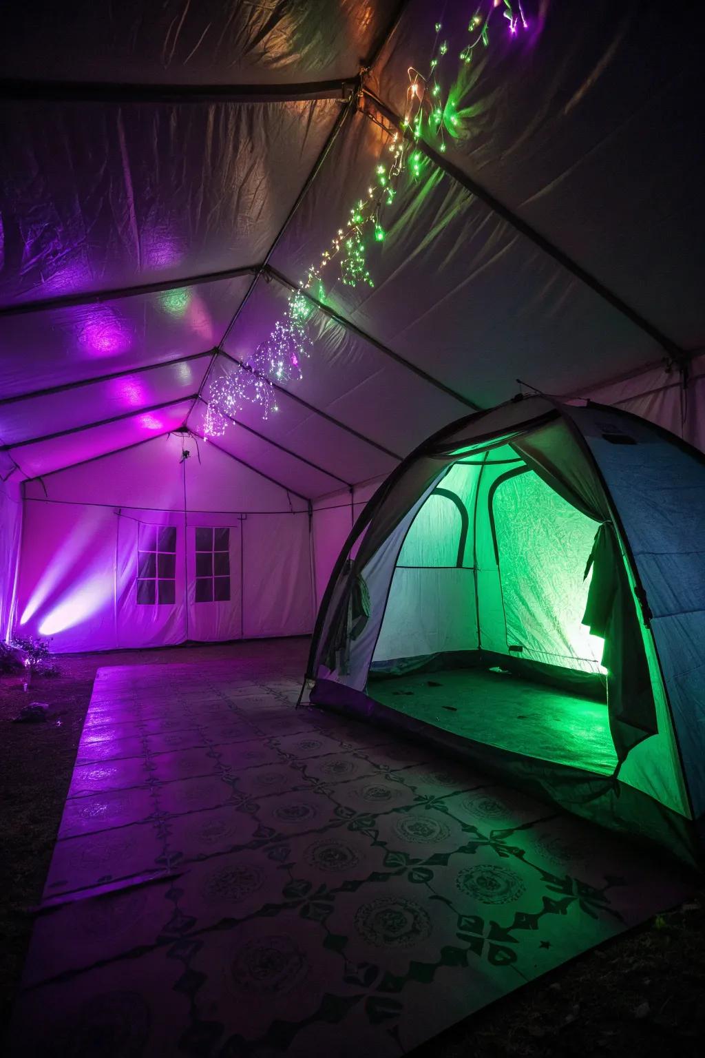 Colored lighting can transform your tent into a spooky haven.
