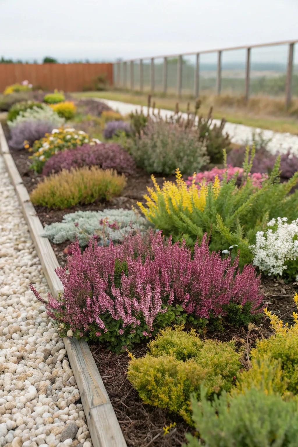 A vibrant mix of heathers and companion plants.