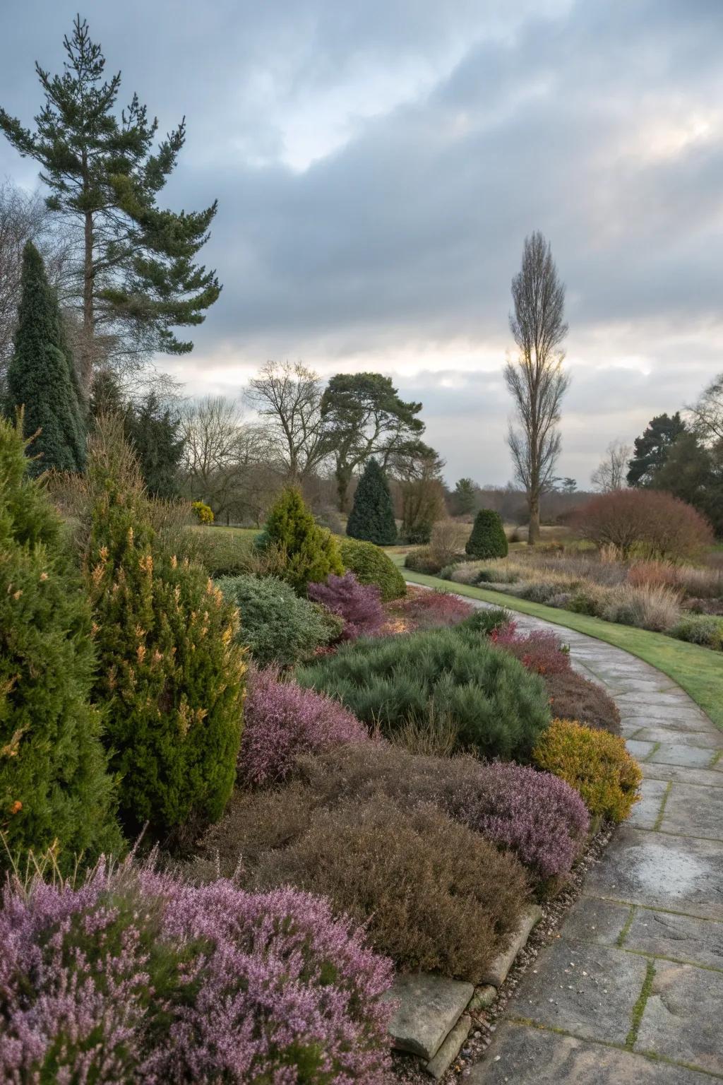 Heathers paired with evergreen shrubs for year-round interest.