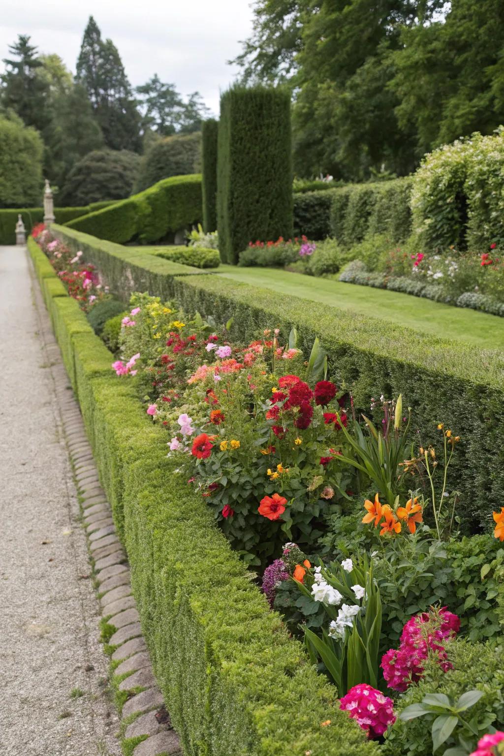 Flowers and hedges together make a vibrant garden duo.