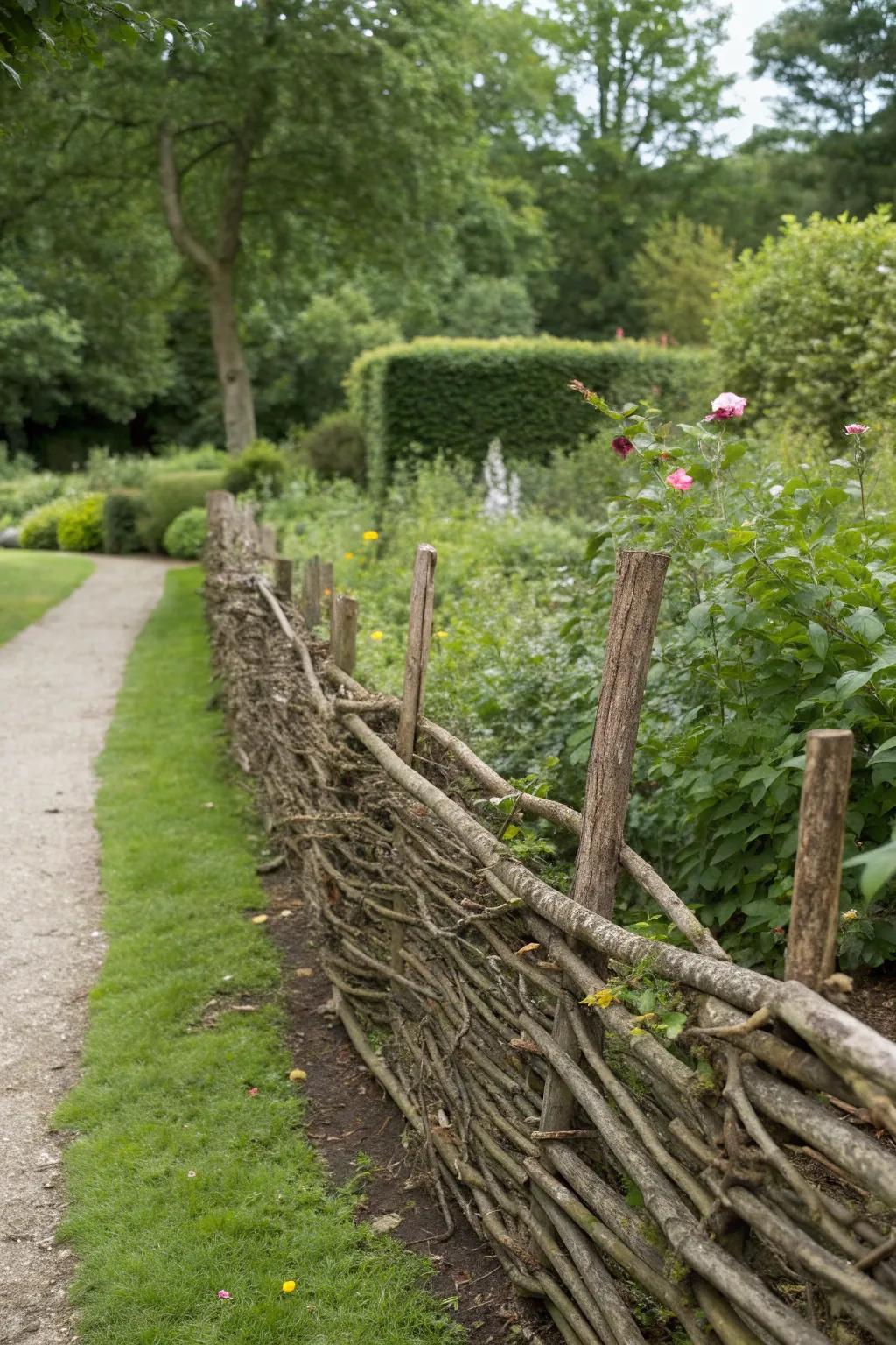 A rustic dead hedge offering a natural touch.
