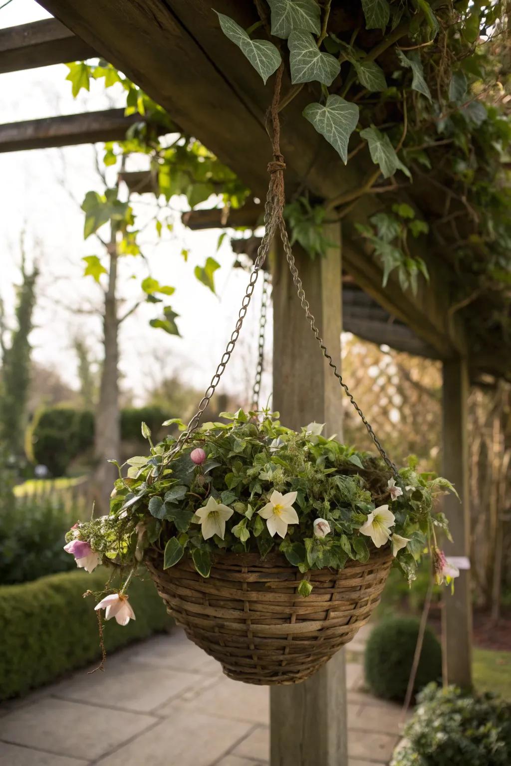 Hanging baskets with ivy and hellebores bring elegance to new heights.