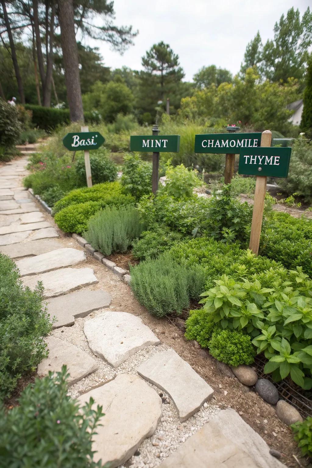 Themed herb clusters with labeled sections for culinary and medicinal uses, offering a unique garden experience.