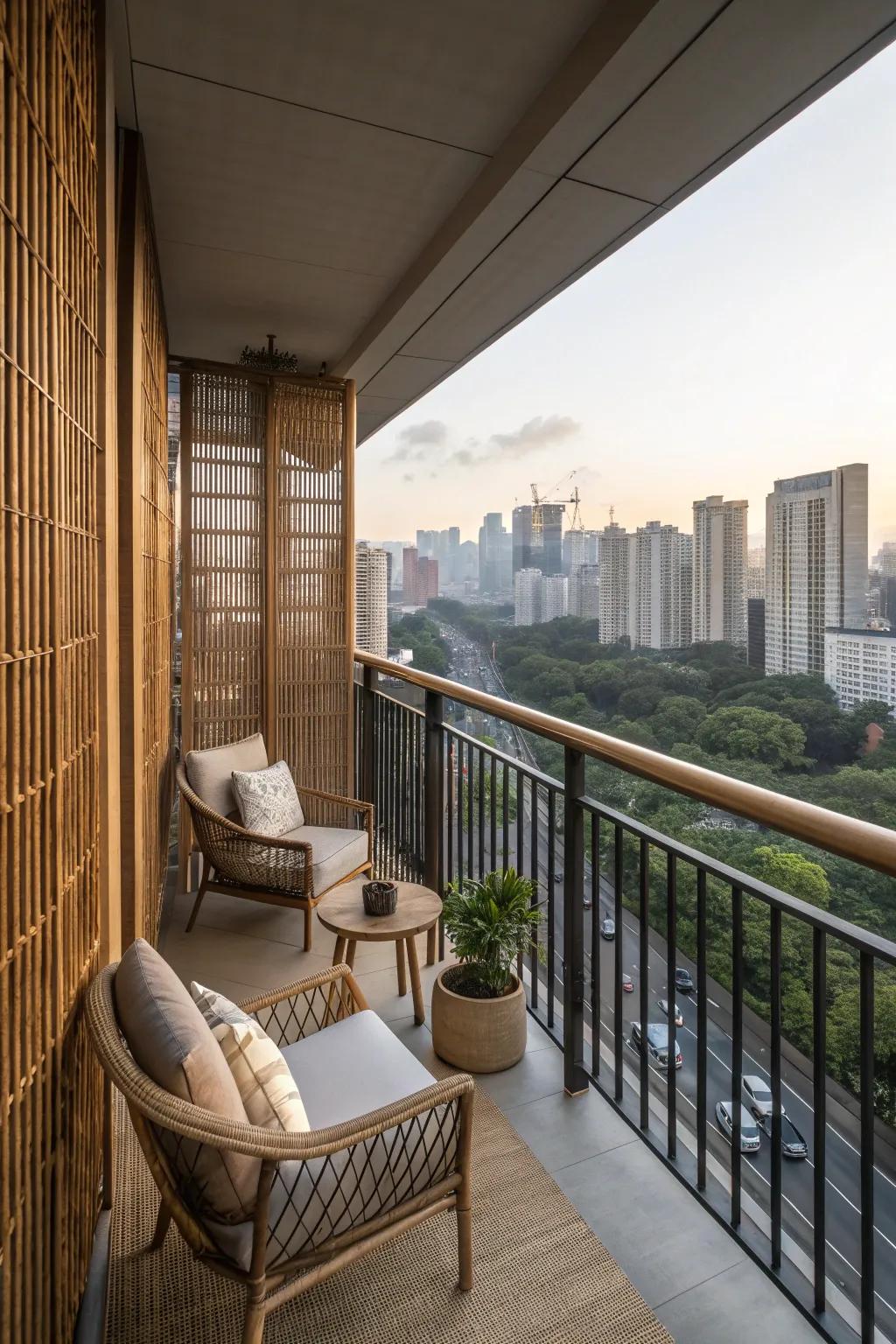 Privacy screens provide seclusion while maintaining the balcony's openness.