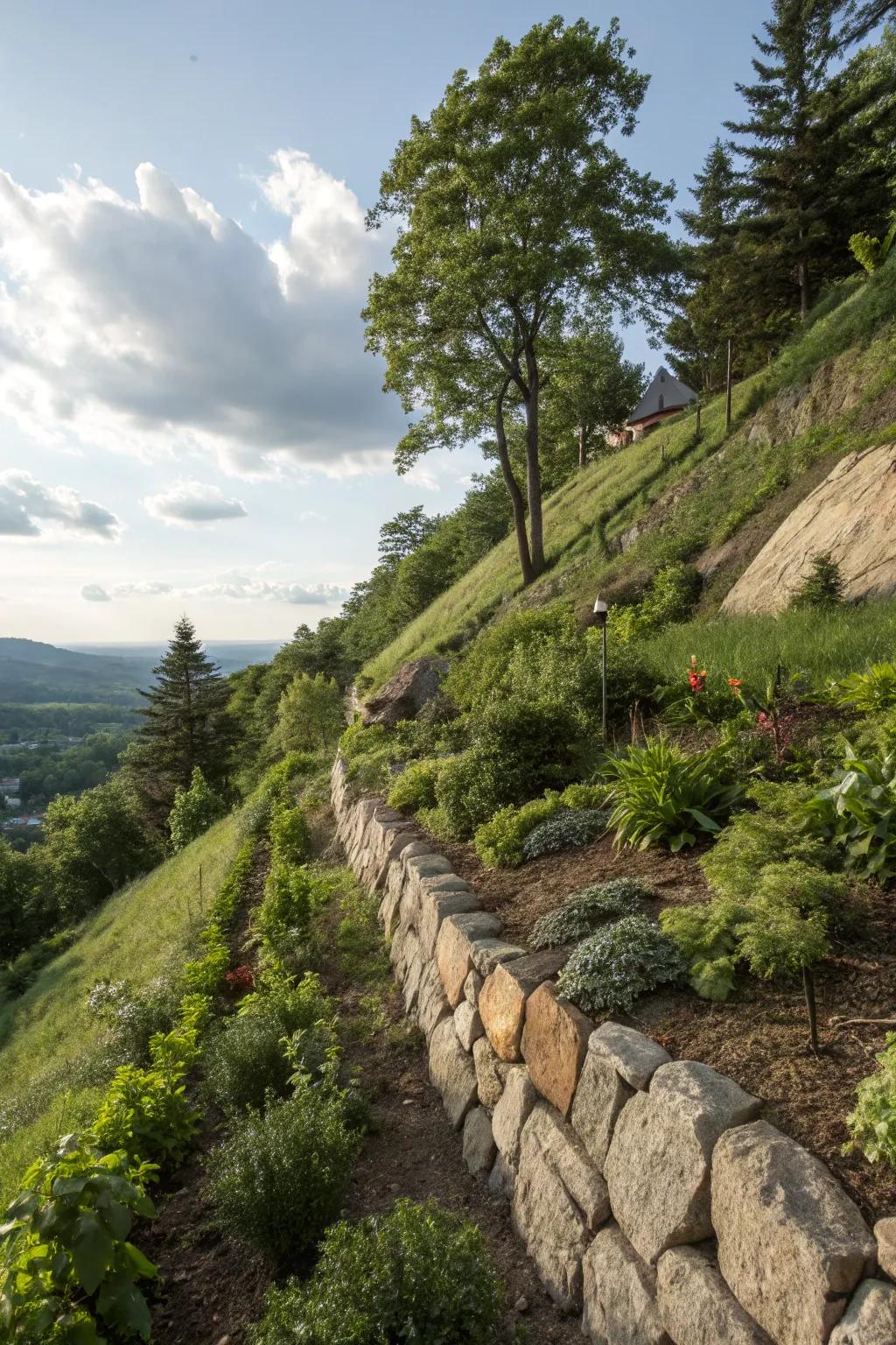 This boulder wall stabilizes the slope while providing a rich, verdant backdrop.