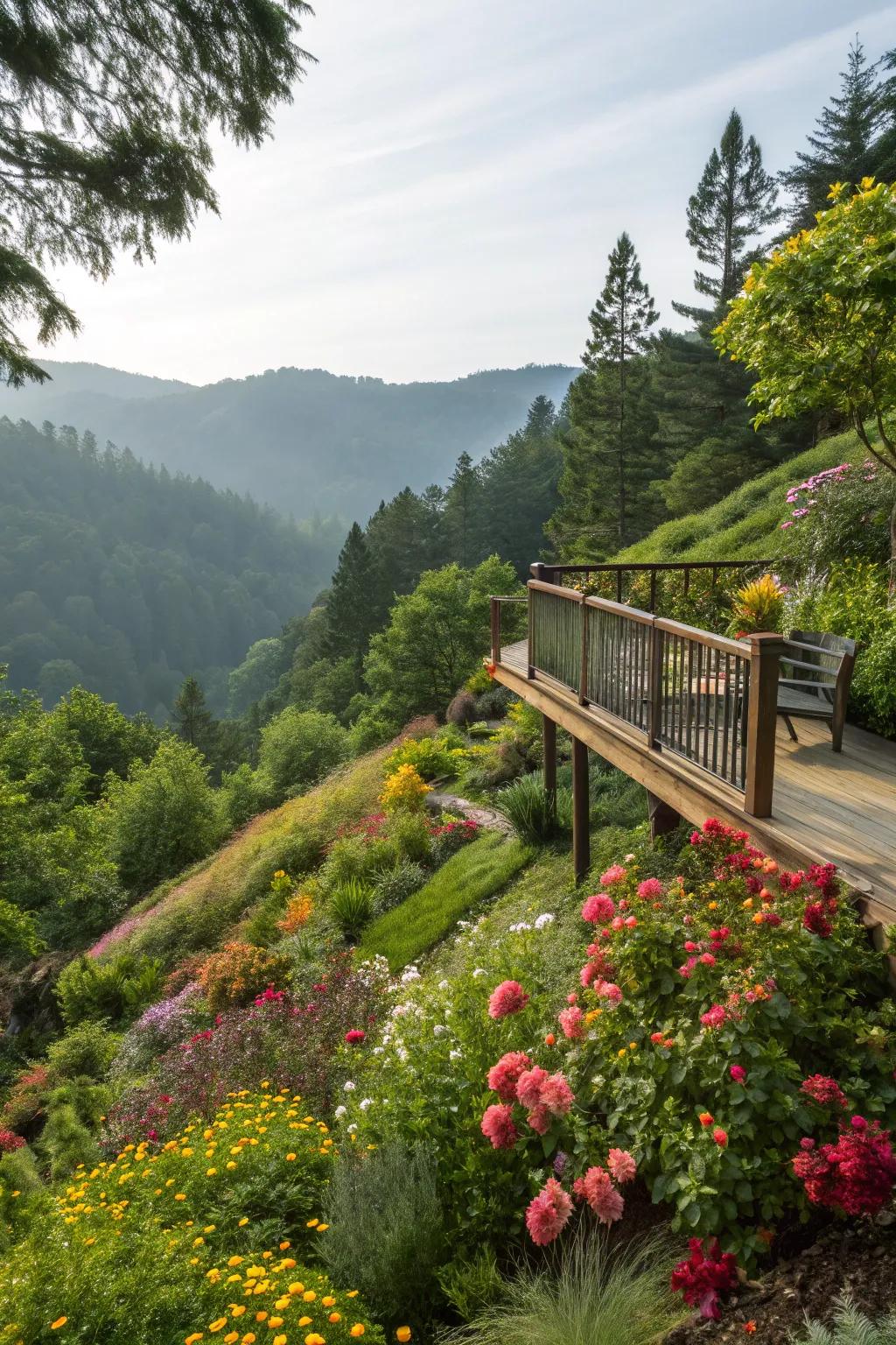 Lush landscaping adds vibrancy and tranquility to a hillside deck.
