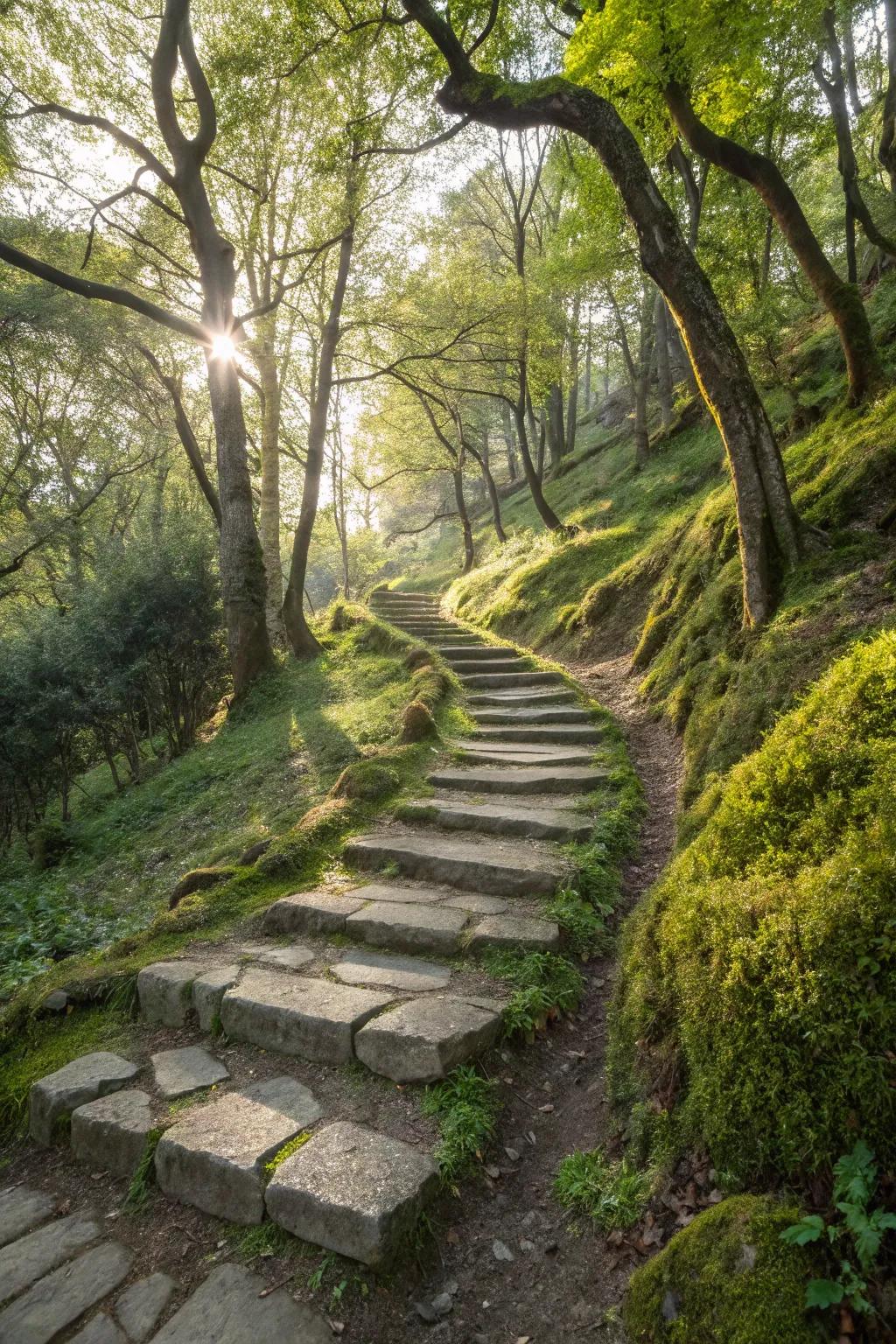 Winding stone path through a wooded hillside