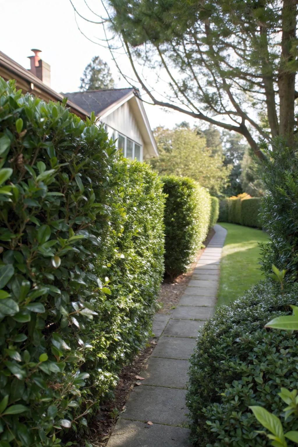 Holly bushes creating a natural privacy screen.