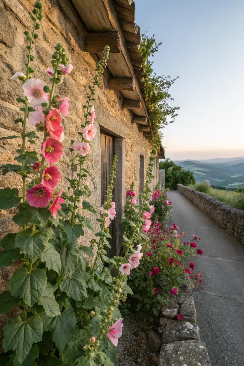 Hollyhocks and stone walls, a match made in garden heaven.
