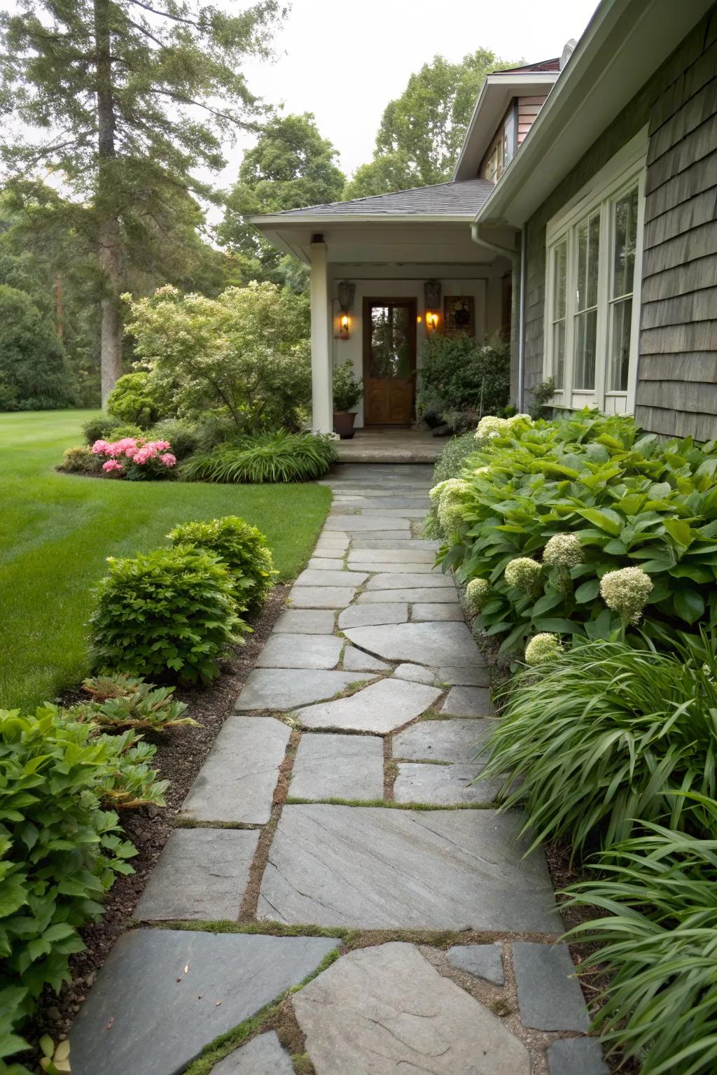A beautifully crafted stone pathway adding elegance to the home's entrance.
