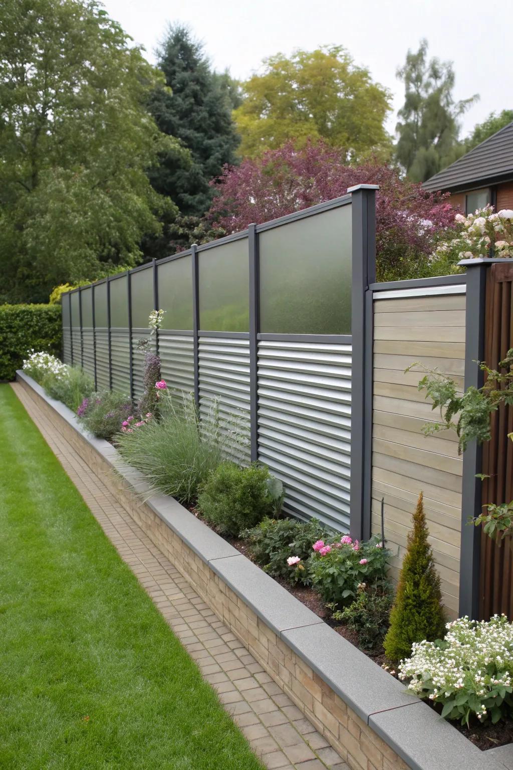 Mix materials like glass with metal for a unique and eye-catching fence design.
