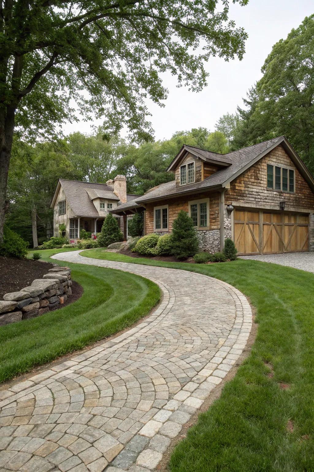 A rustic horseshoe driveway featuring natural stones.
