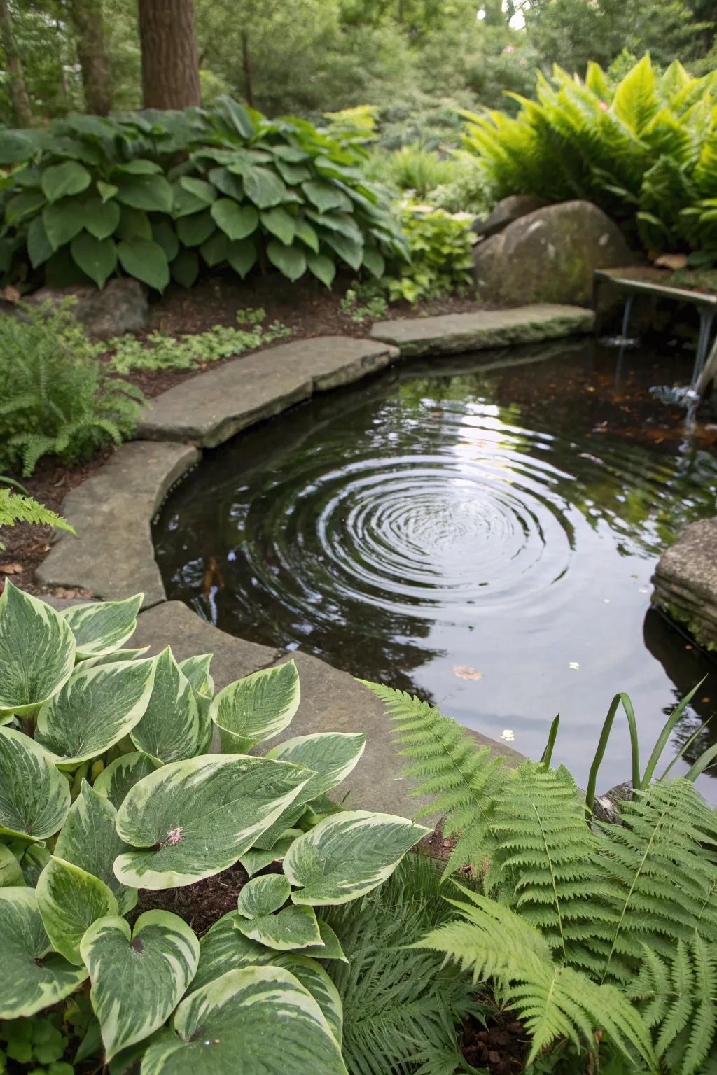 A tranquil pond surrounded by lush hostas and ferns.