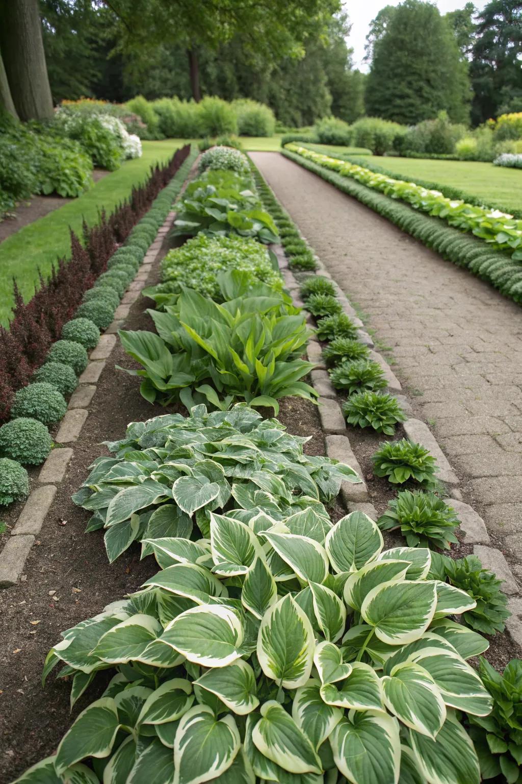 Geometric patterns with hostas offer a contemporary garden aesthetic.