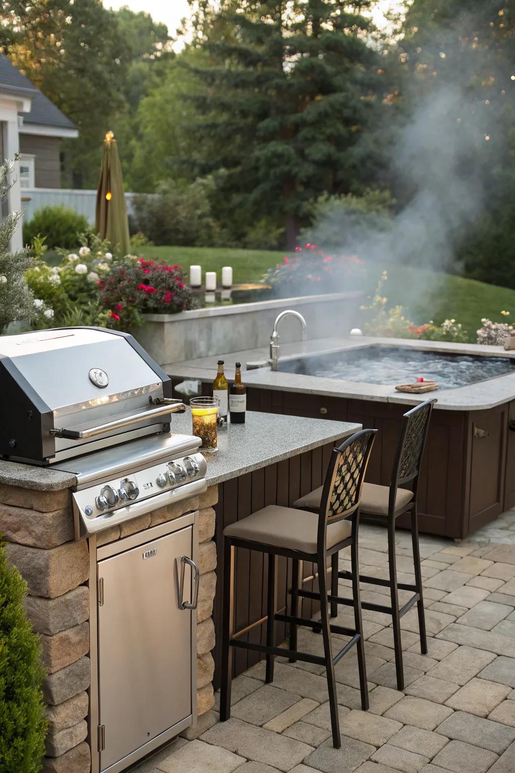 An outdoor kitchen near the hot tub turns your space into a full entertainment zone.