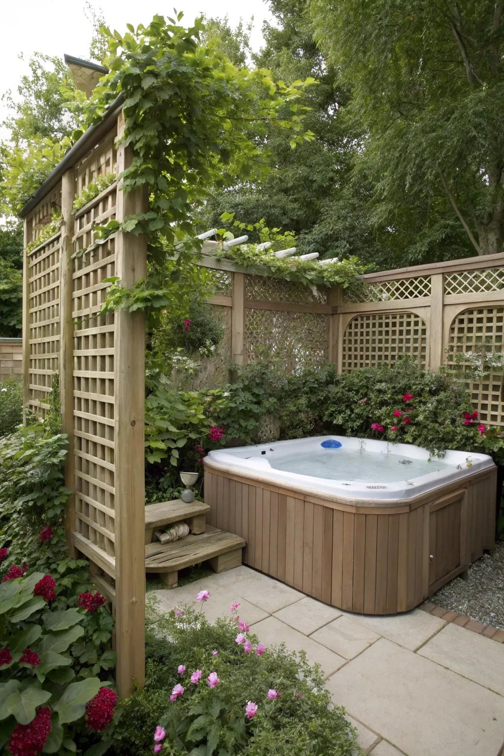 Privacy screens with climbing vines create a secluded oasis.