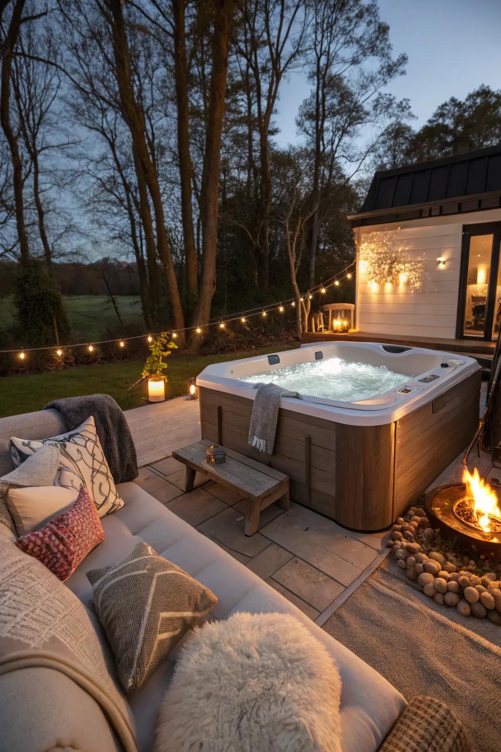 A fire feature adds warmth and visual appeal to this hot tub area.