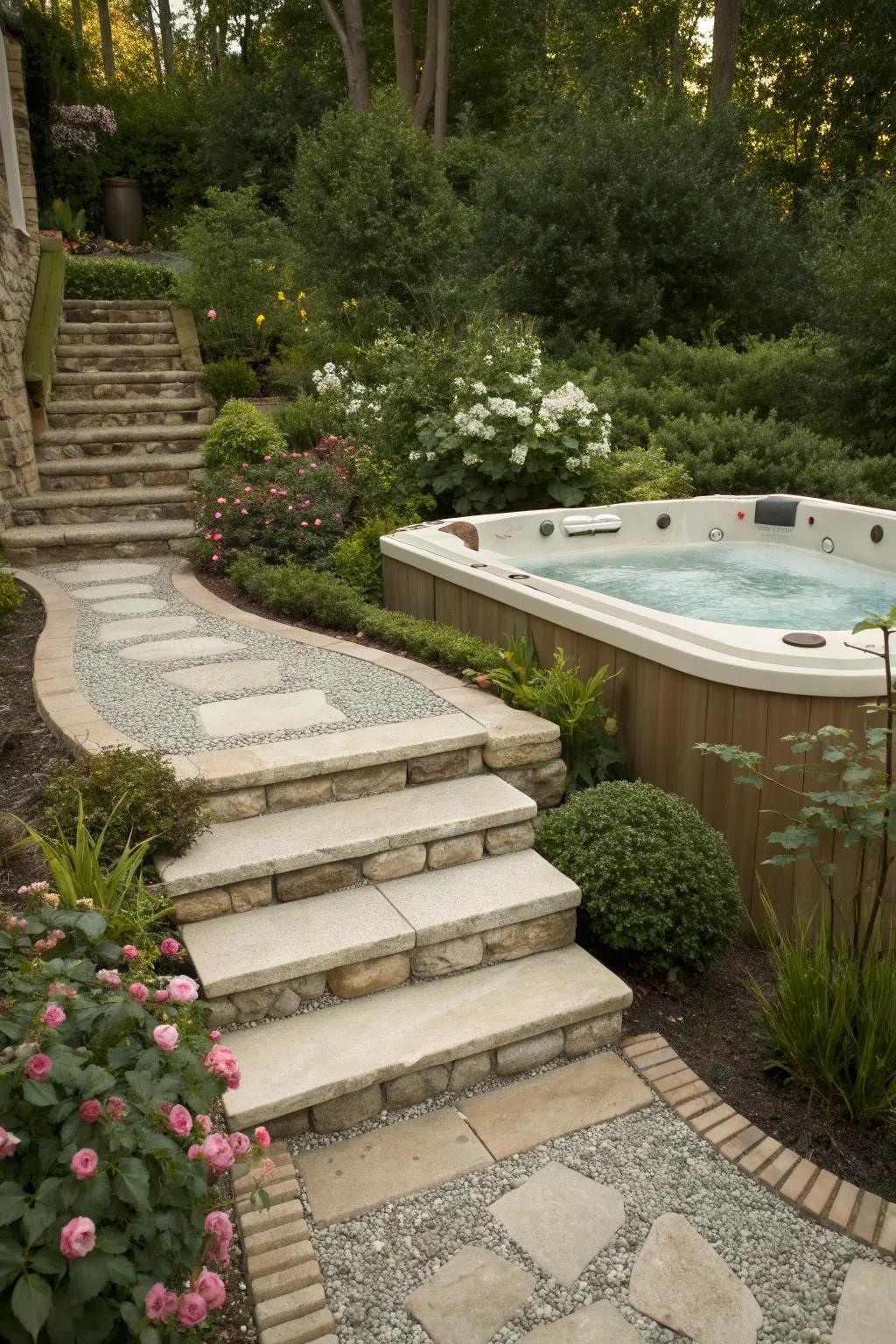 Beautiful pathways enhance the journey to your hot tub.