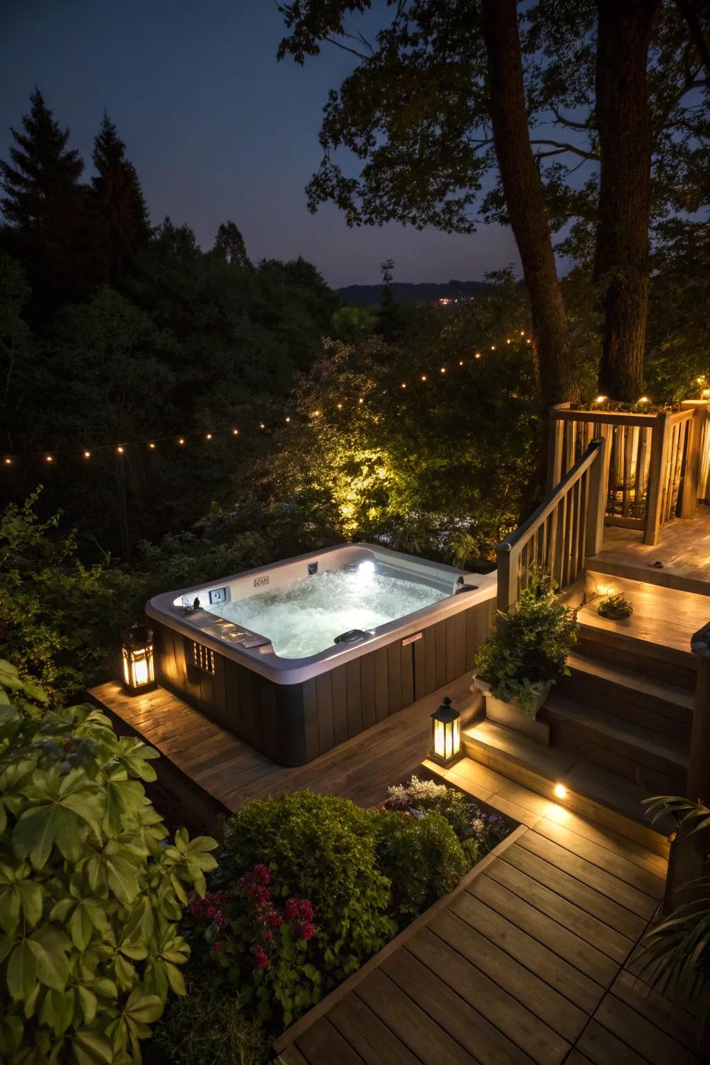 LED lights add a magical touch for nighttime soaks.