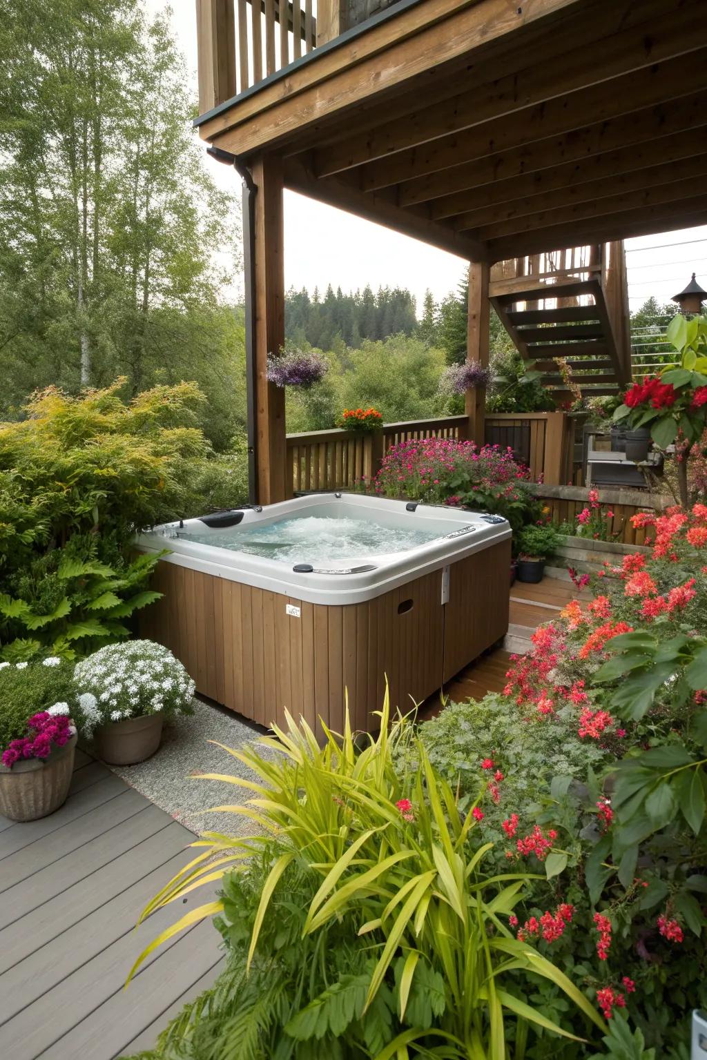 Lush landscaping makes this hot tub space feel like a natural retreat.