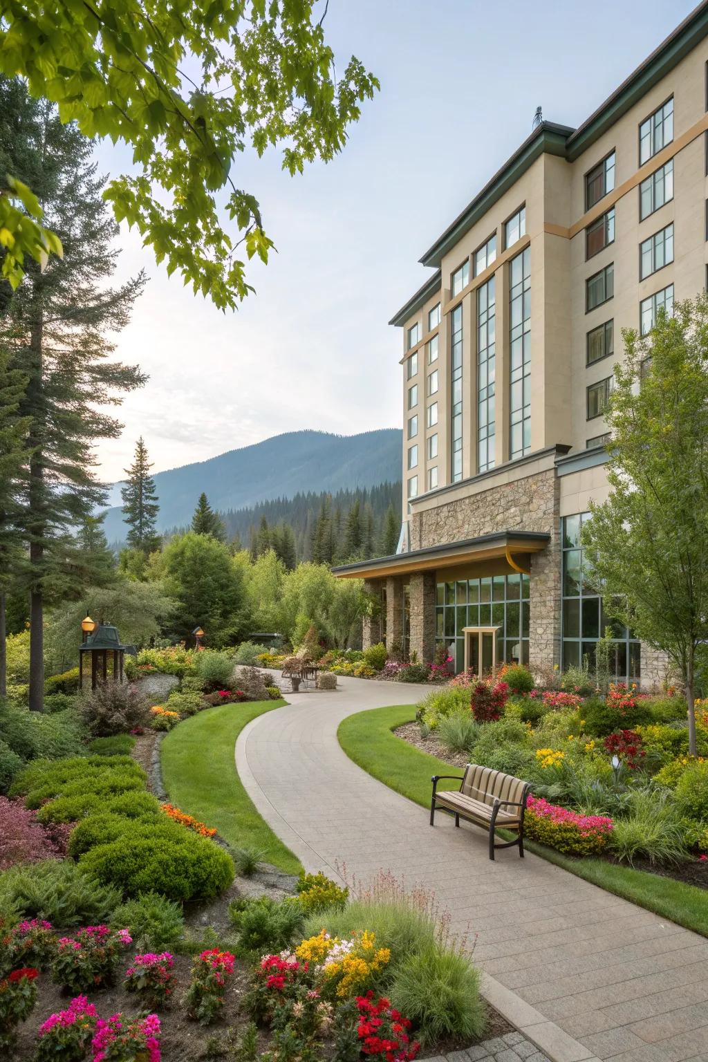 Lush landscaping creates a serene oasis around the hotel.