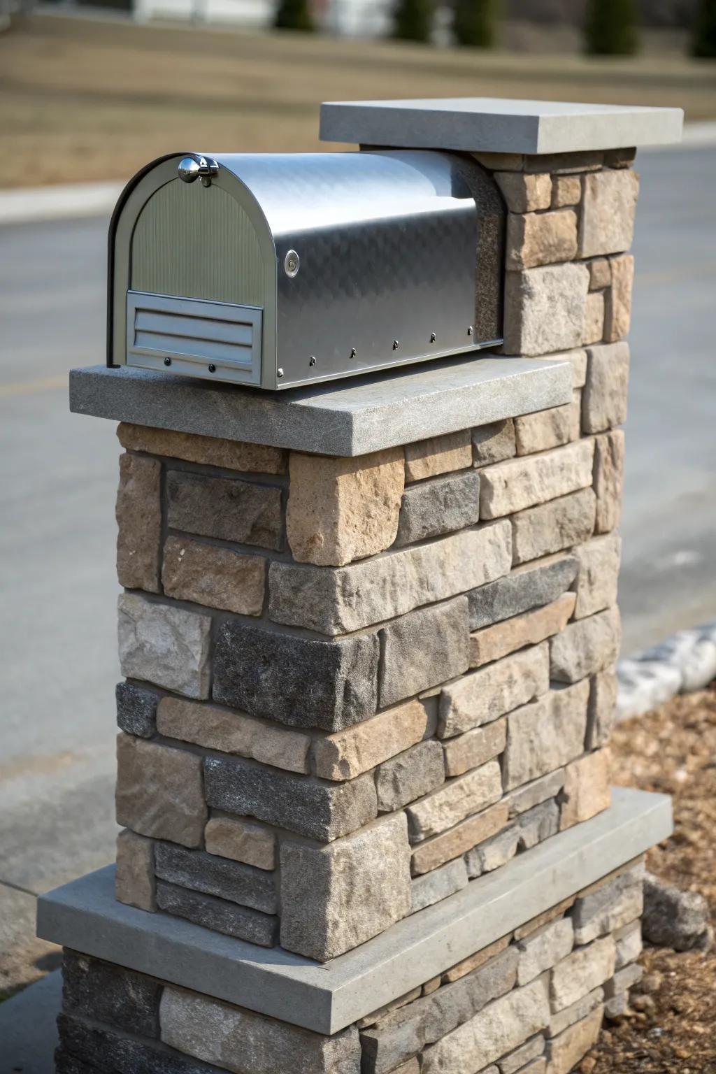 A stone and metal mailbox that stands out with its robust elegance