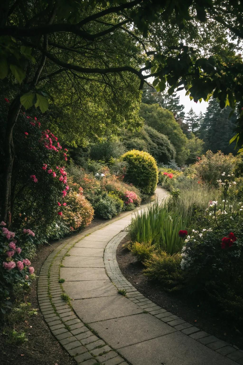 A curved pathway leads you on a journey through the garden, inviting exploration.