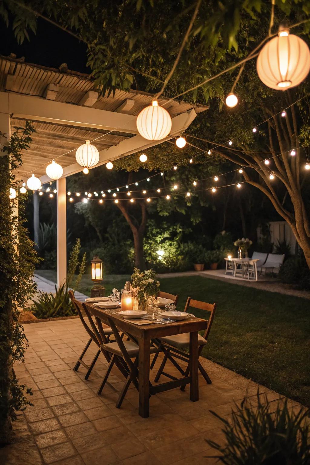 Ambient lighting transforms the patio into a magical retreat.