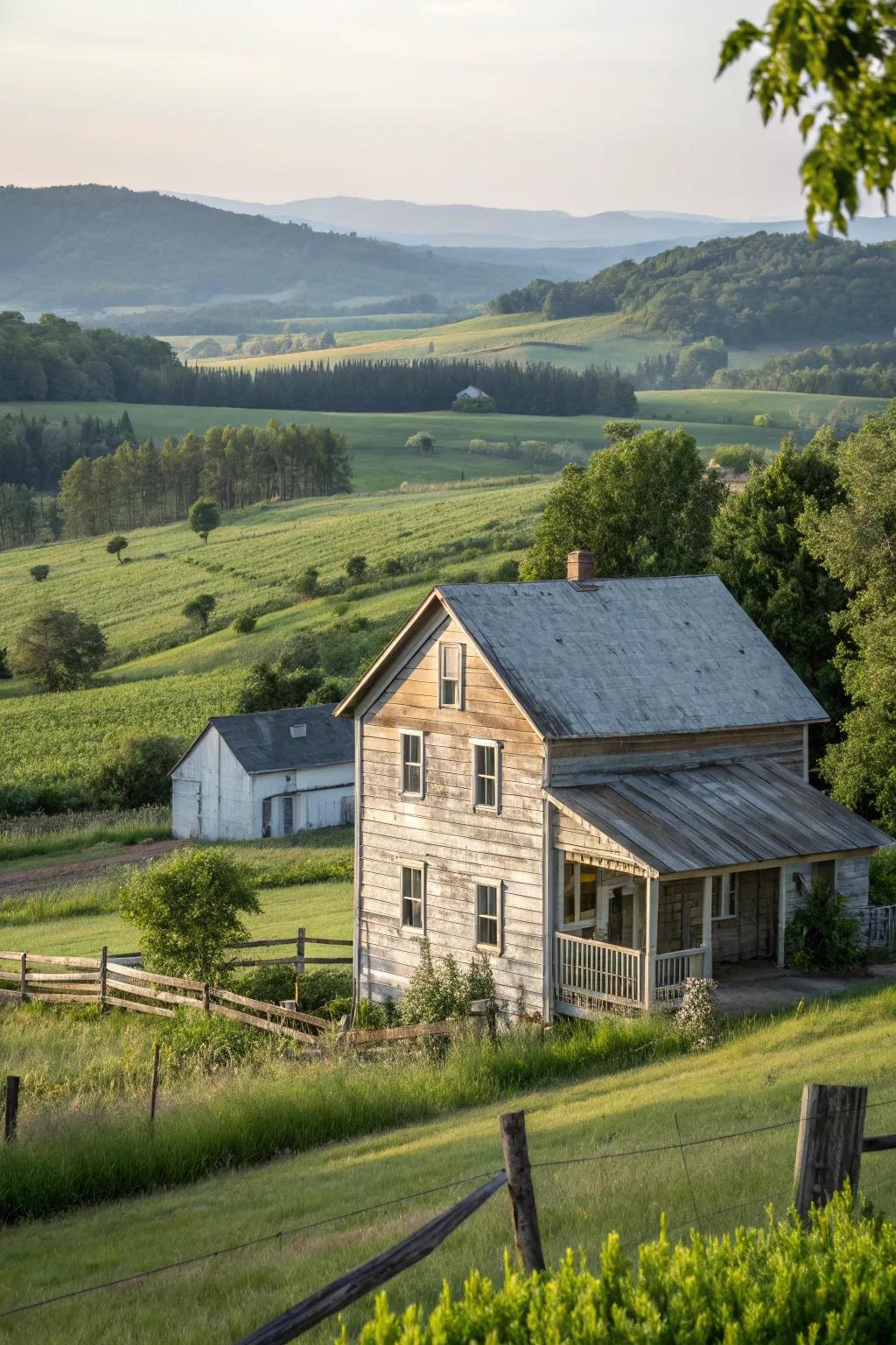 A charming farmhouse with shiplap wood siding.