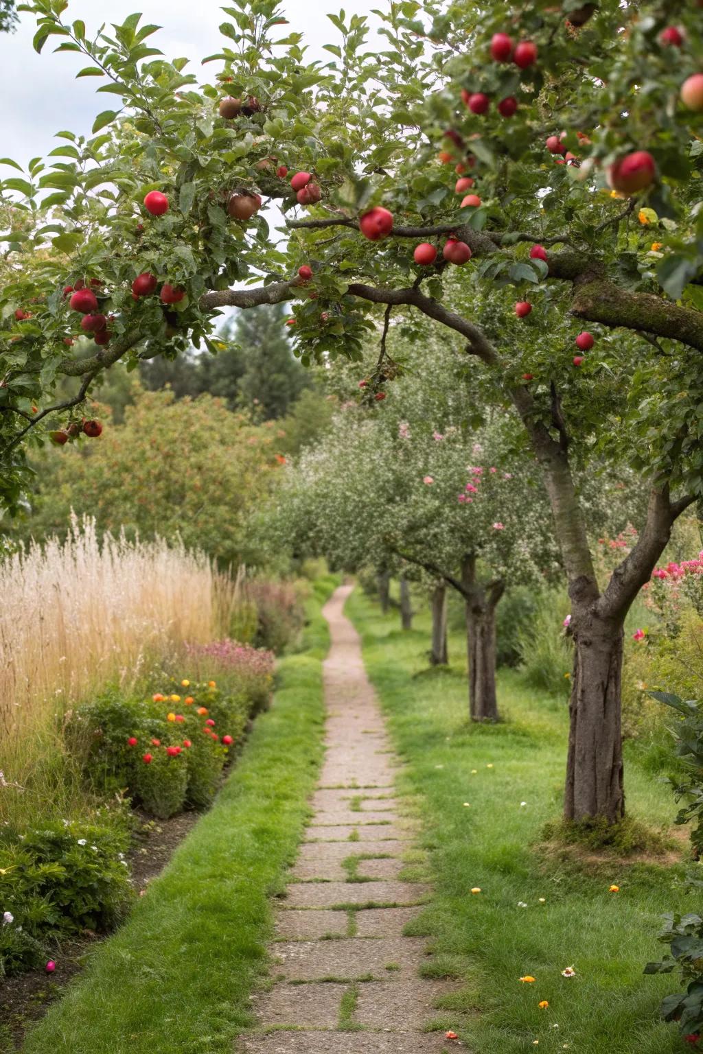 Pathways bordered by delightful step-over apple trees