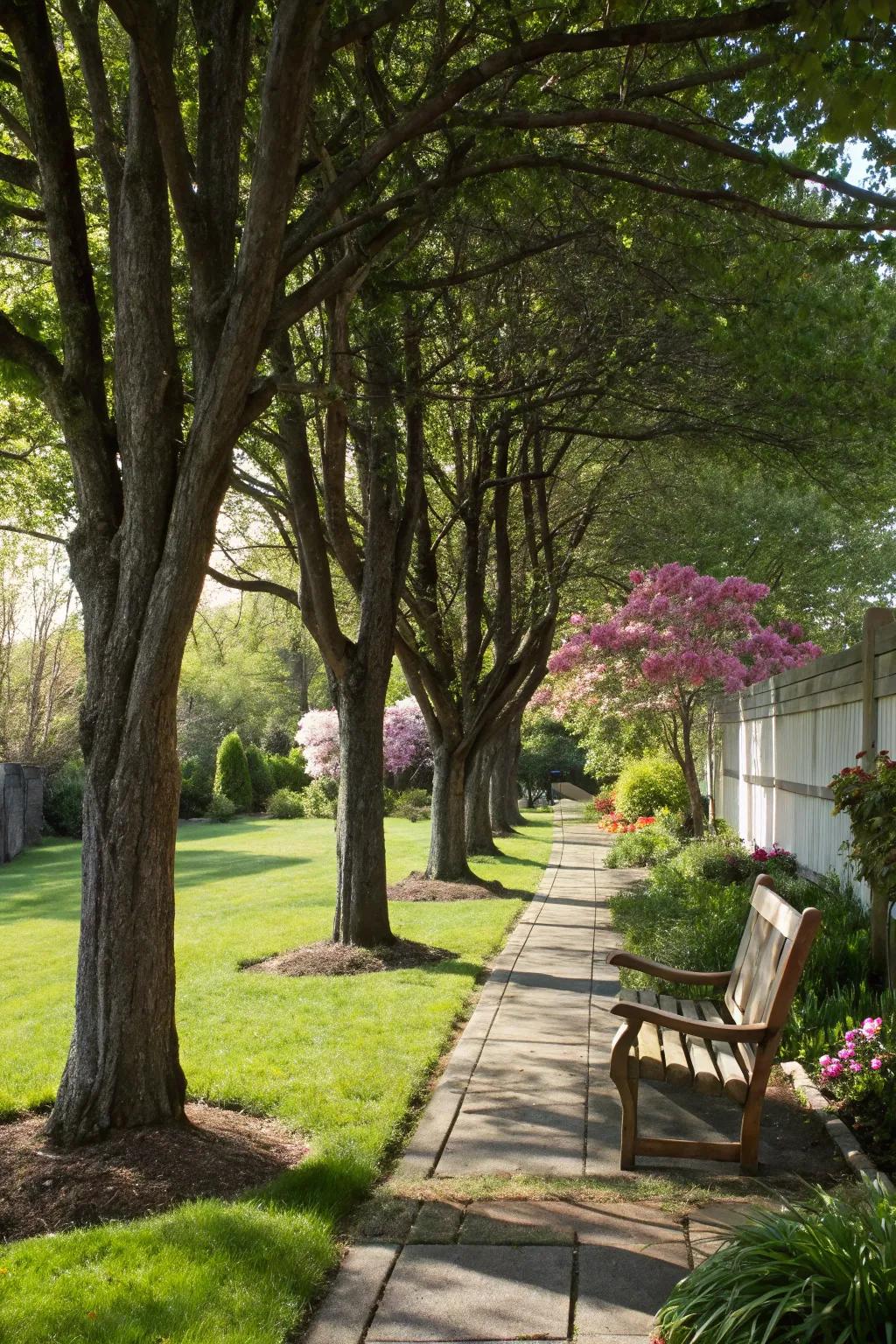 A backyard oasis enhanced by the natural shade of lush green trees.