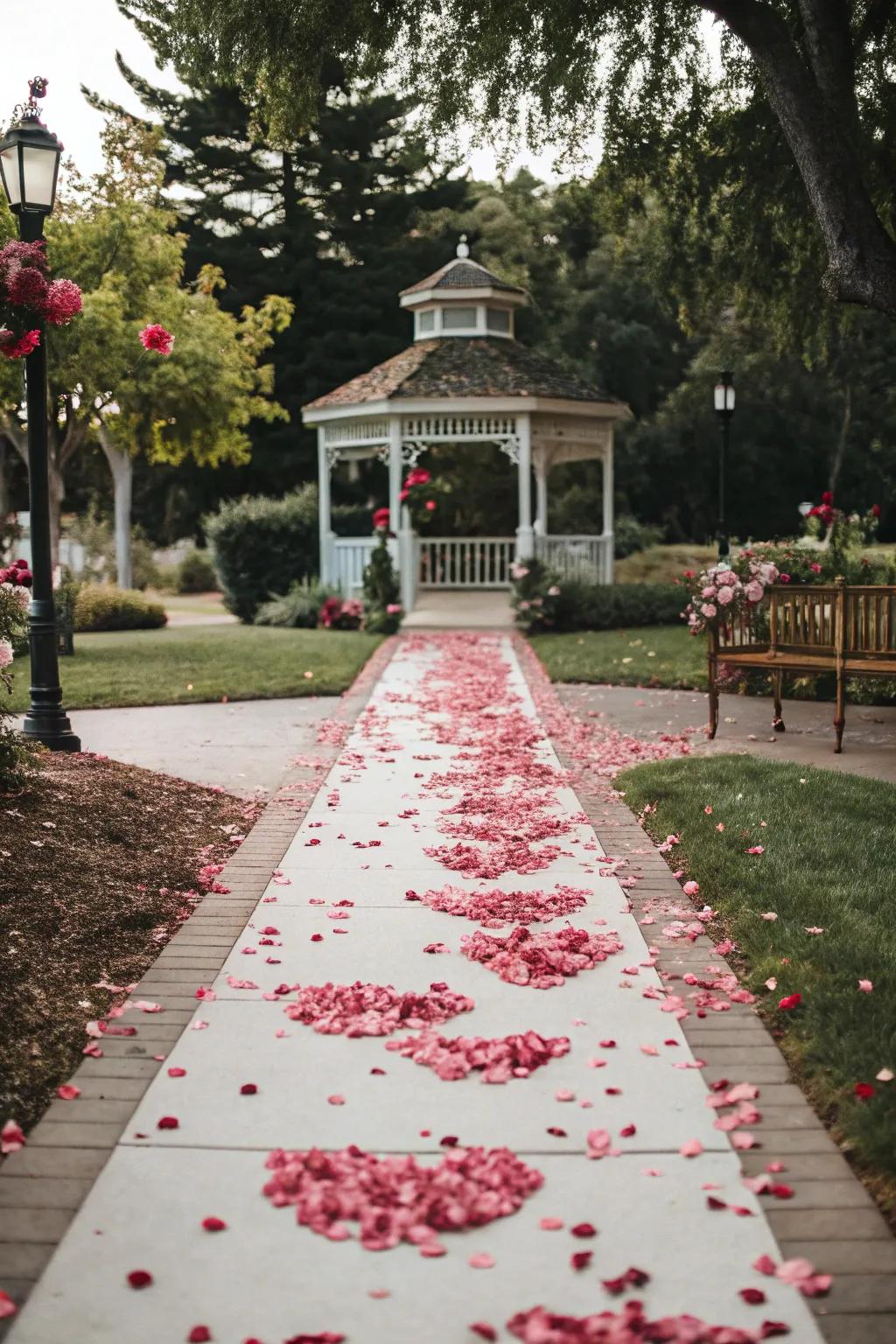 A romantic aisle of petals leading to the gazebo.