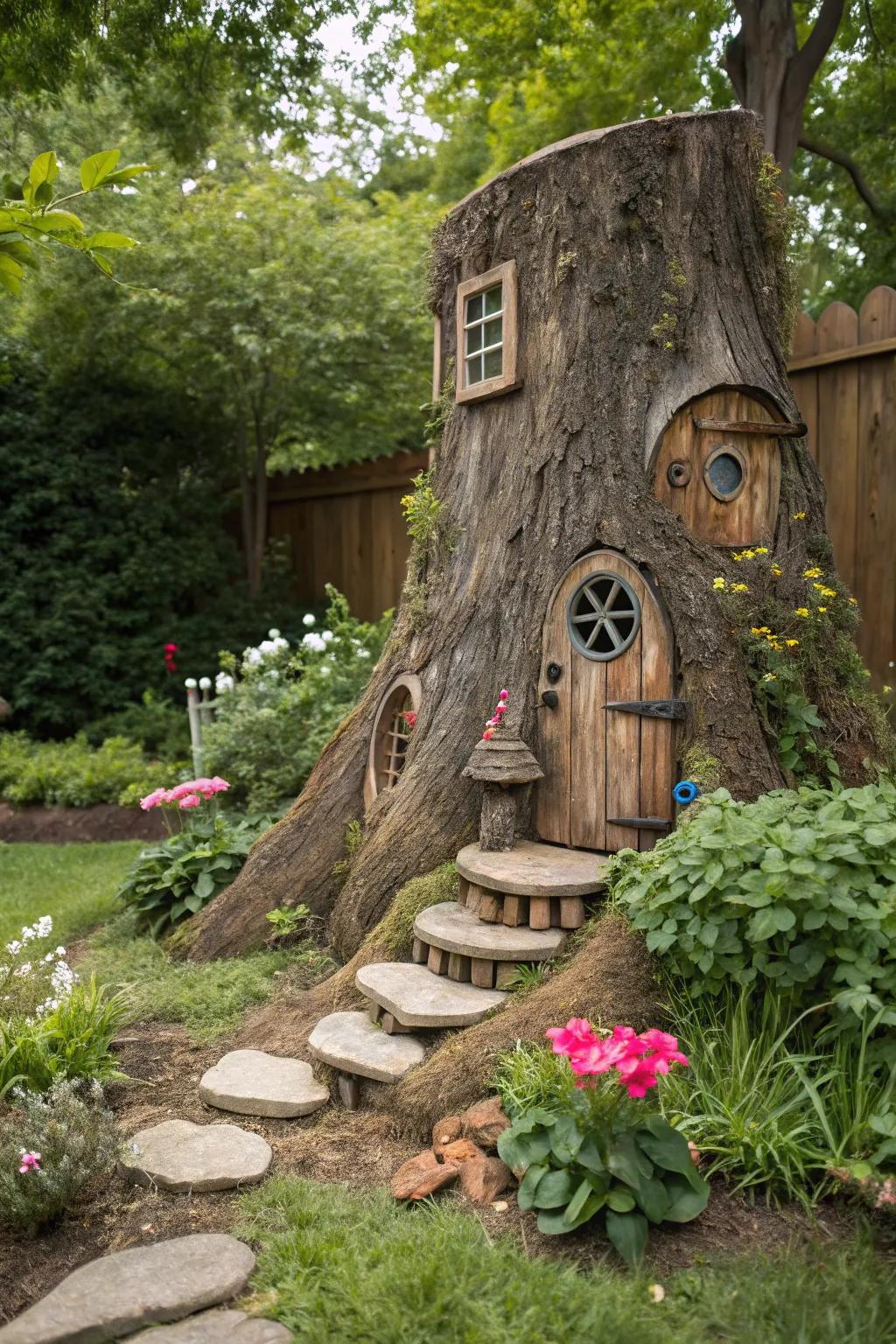 Bring whimsy to your garden with a gnome home tree stump.