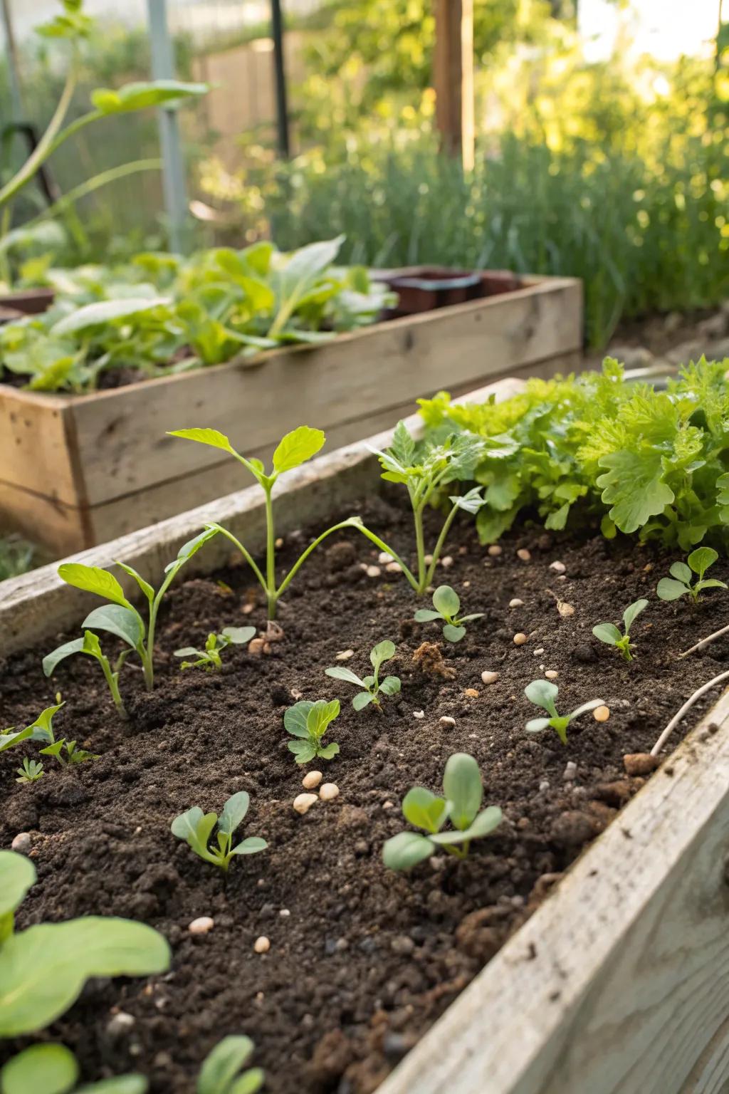 A perfect blend of topsoil and compost in a raised garden bed.