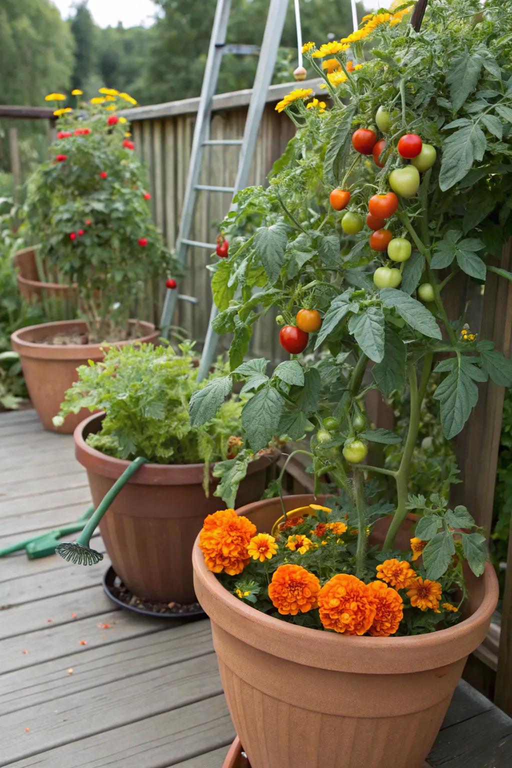Marigolds are a beautiful and beneficial companion to tomatoes in pots.