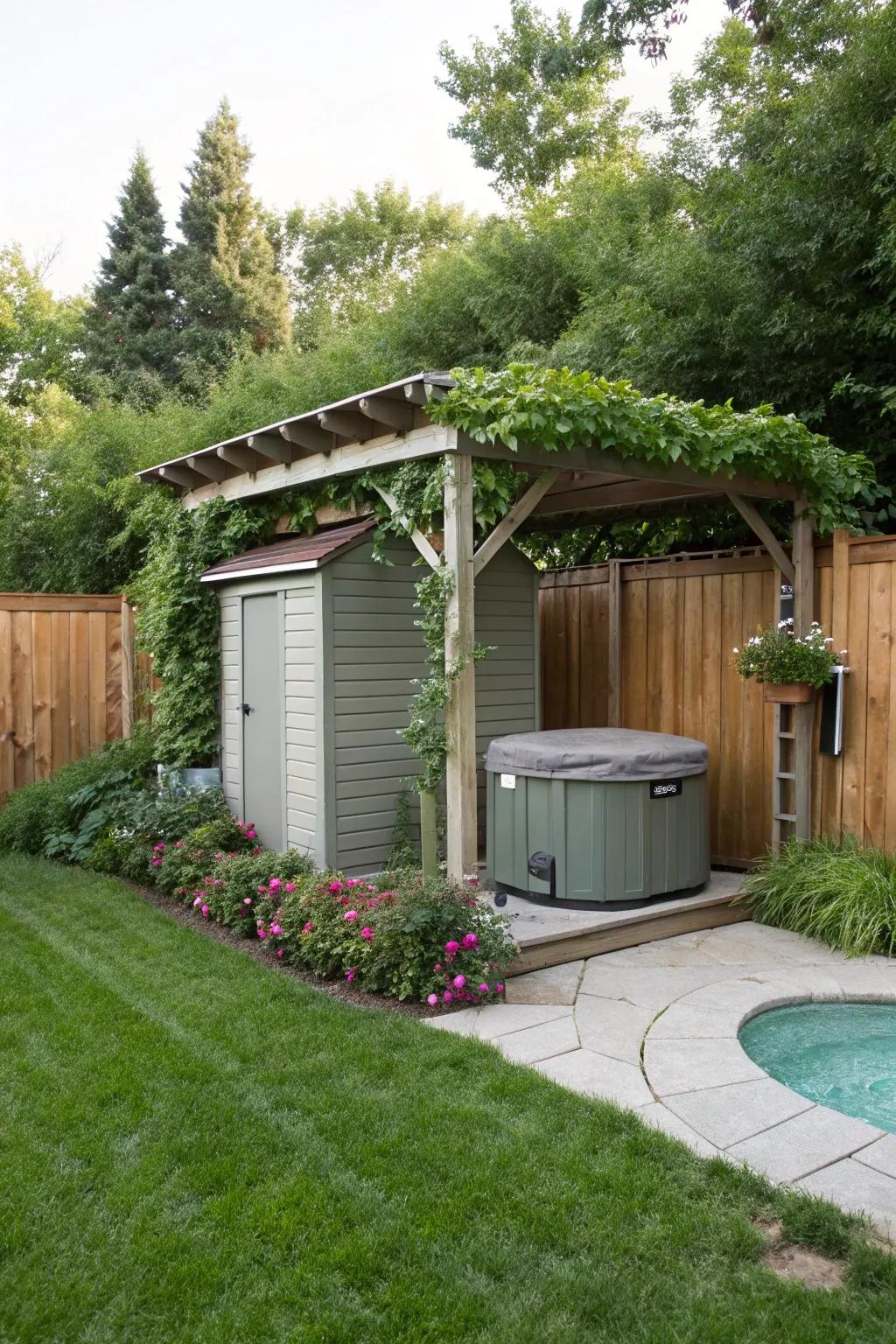 Compact sheds with pergolas add charm while hiding pool equipment.