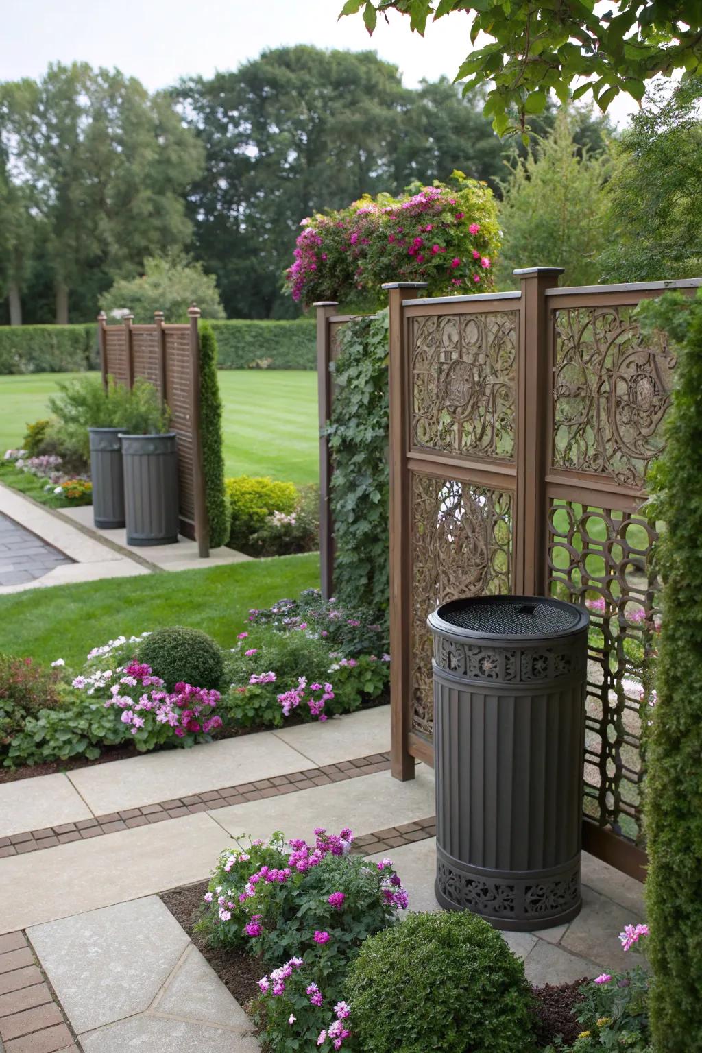 Privacy screens offer a decorative and functional way to conceal trash cans.