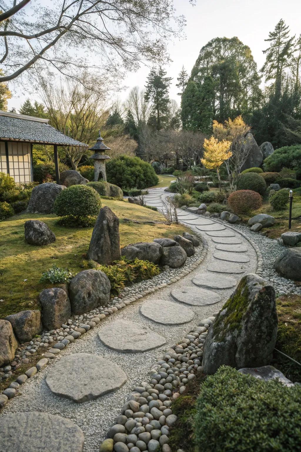 A winding stone pathway guides visitors through the garden.