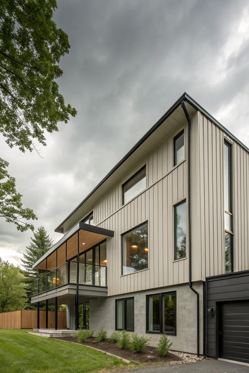 Vertical siding adds height and modernity to this split-level home.
