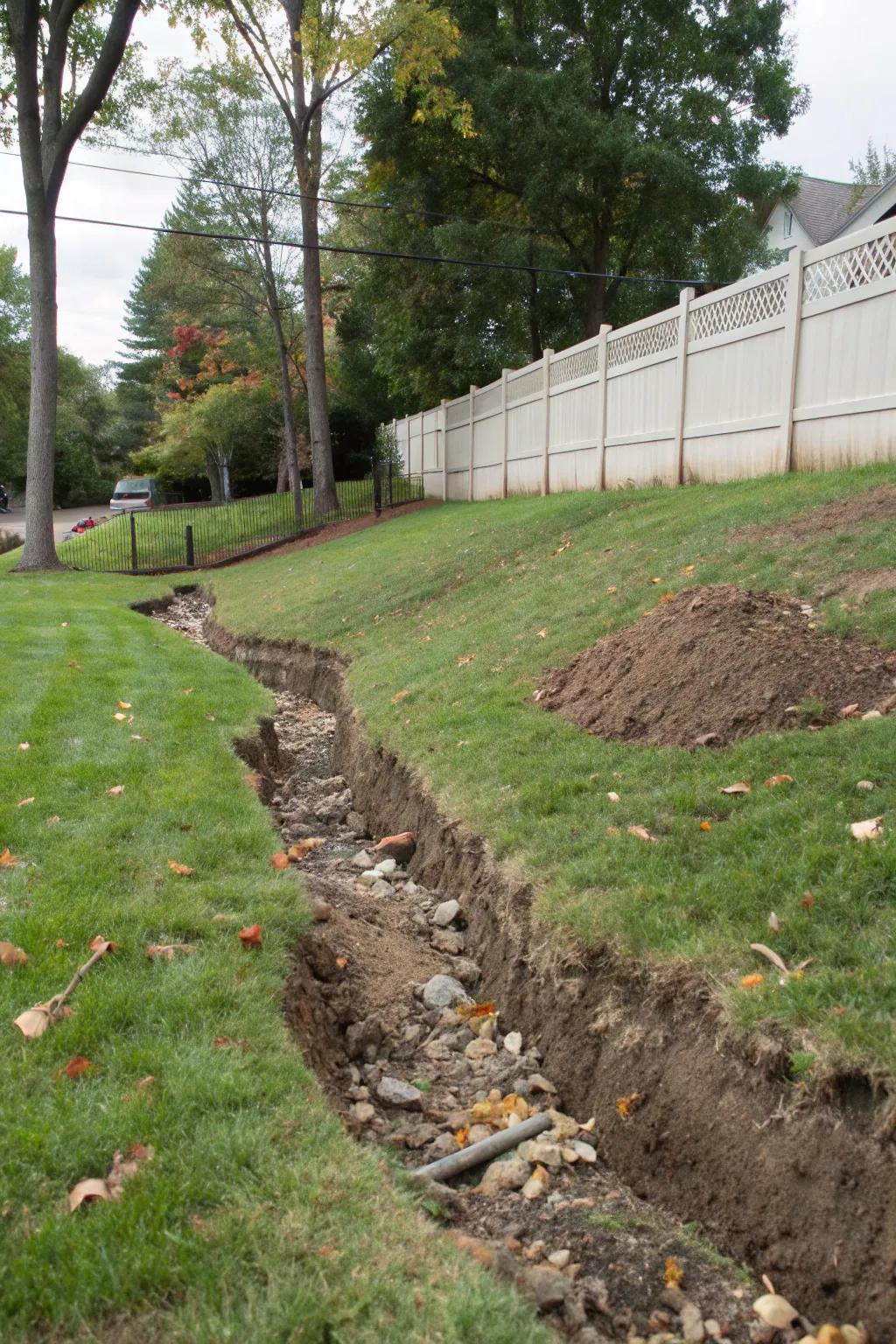 A sloped yard with a discreet French drain system managing water flow.