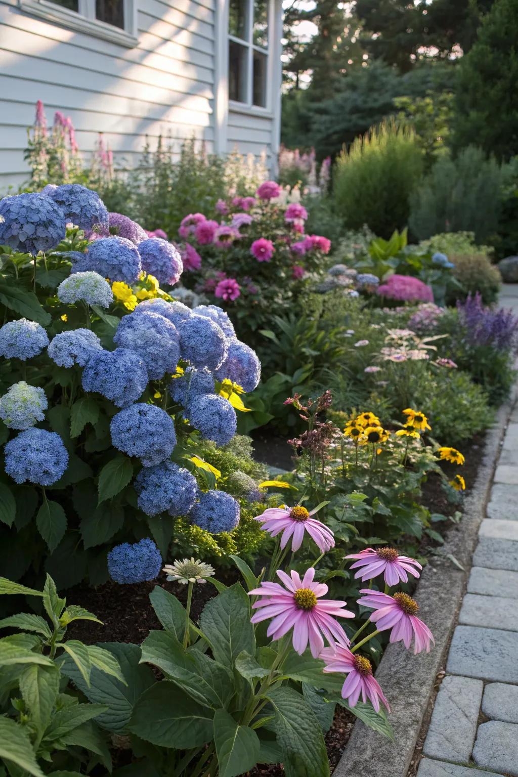 A seasonal bed with hydrangeas ensures a vibrant garden throughout the year.