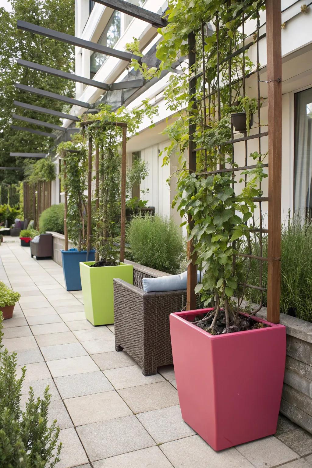 Portable beauty with climbing plants in containers.