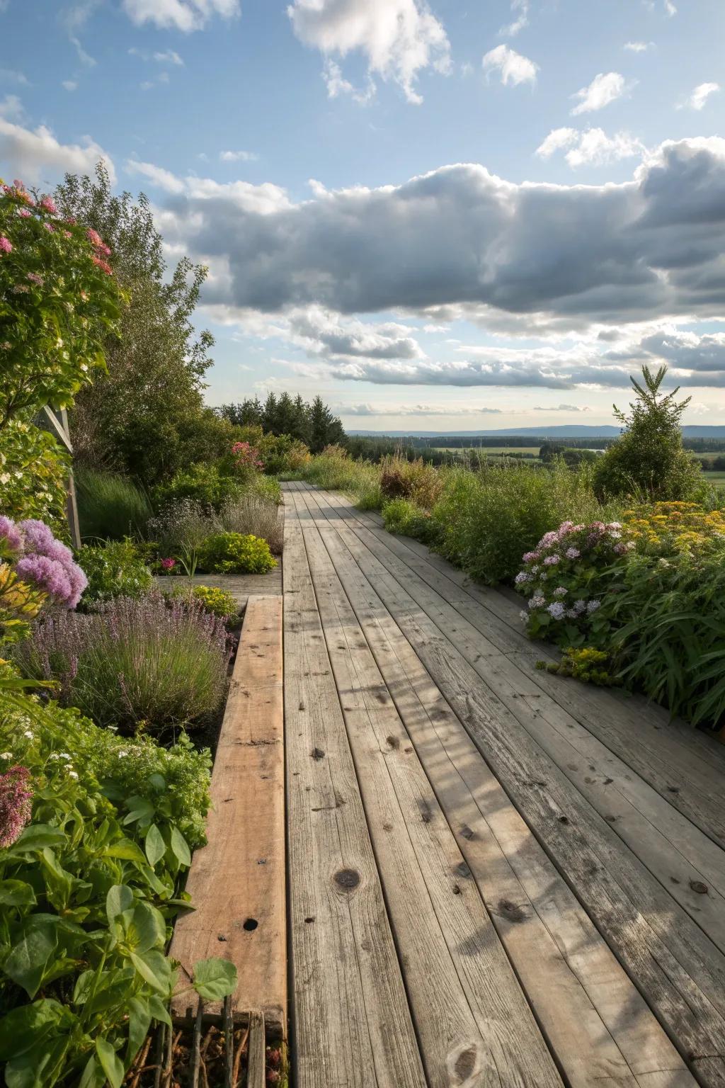 A charming garden deck with rustic, natural materials.